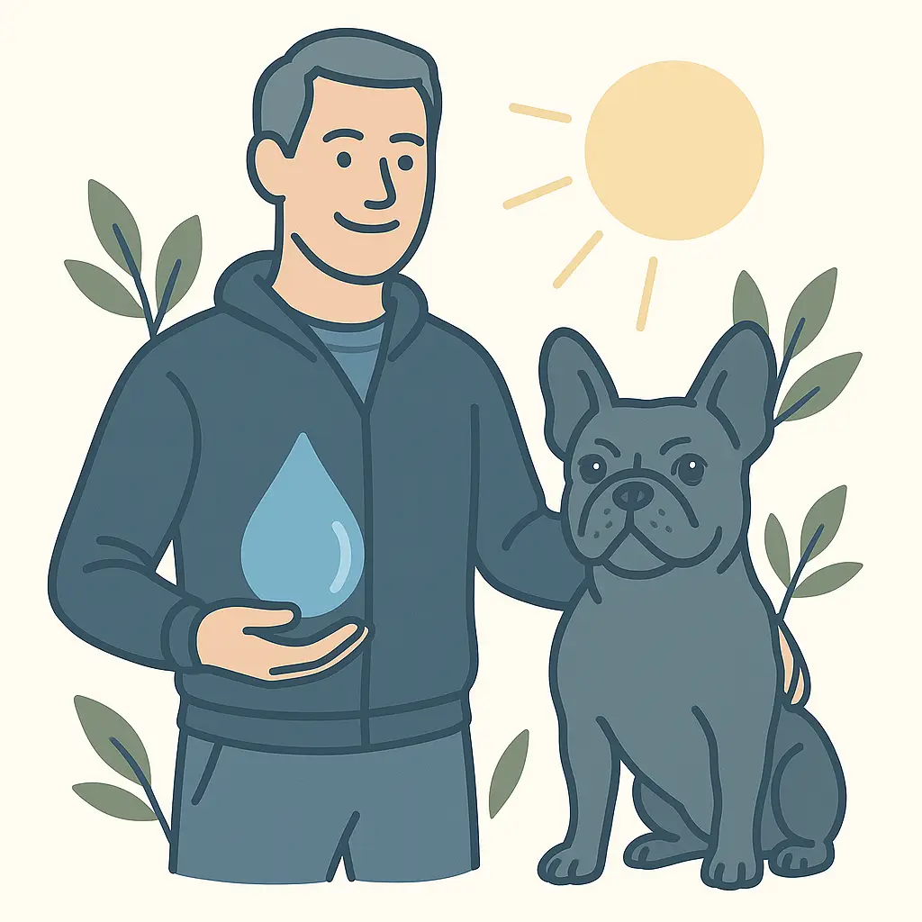 Mann mit Hund und Wassersymbol in der Sonne