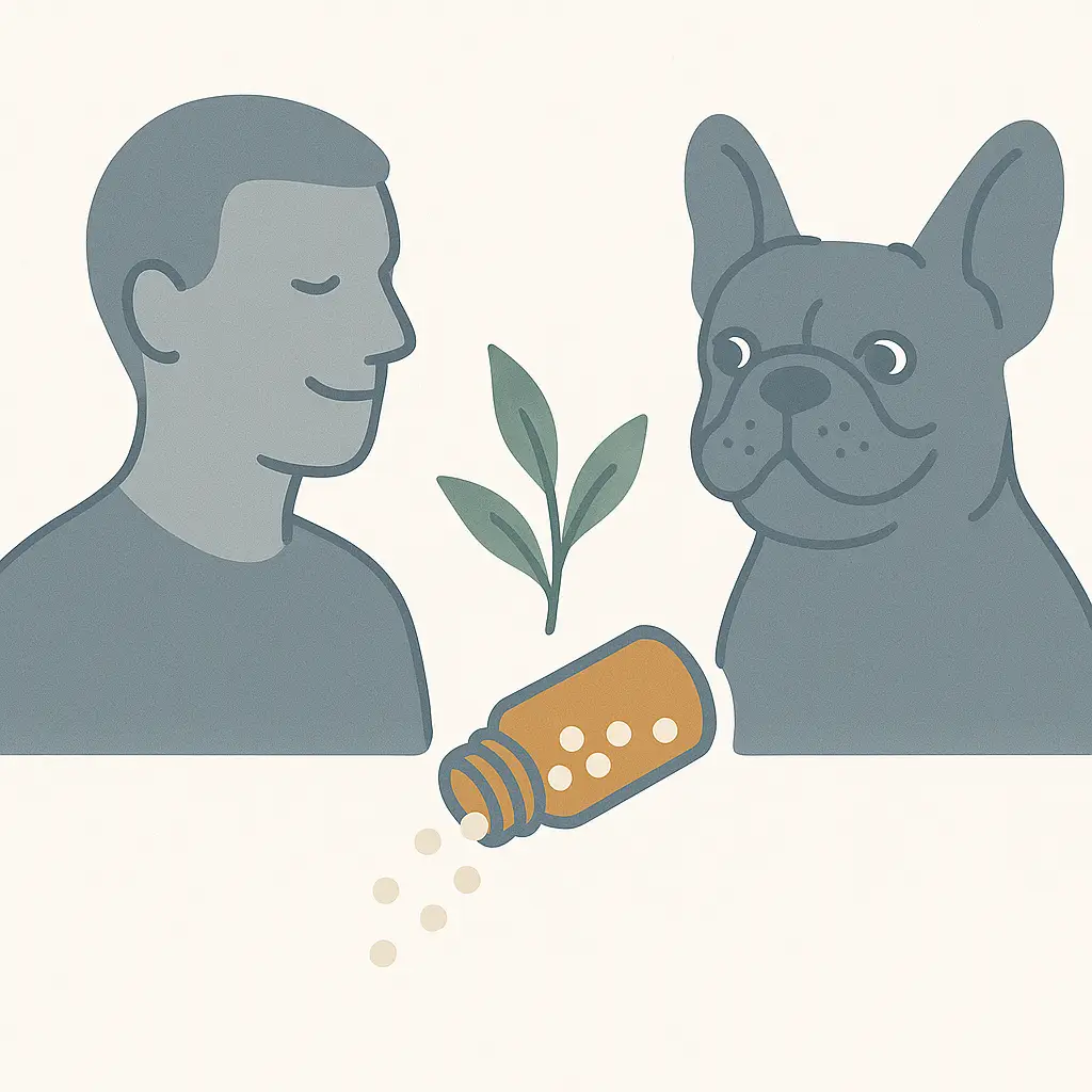 Mensch, Hund und Globuli mit Pflanze
