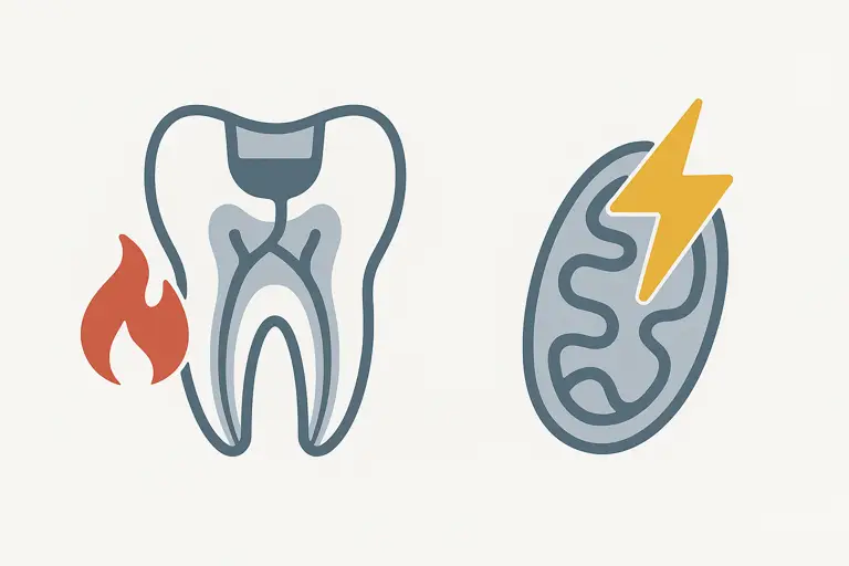 Illustration wurzelbehandelter Zahn und Mitochondrien – Entzündungen erkennen
