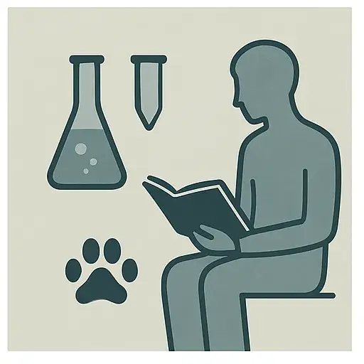 Symbolbild für Selbstversuche in der Gesundheitsforschung – Figur mit Buch, Reagenzglas und Pfotenspur