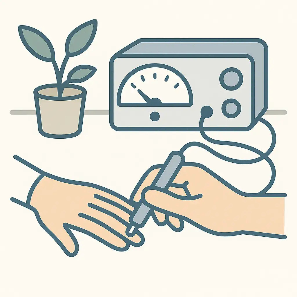 Illustration zur Elektroakupunktur-Messung nach Dr. Voll – Messsonde an der Hand