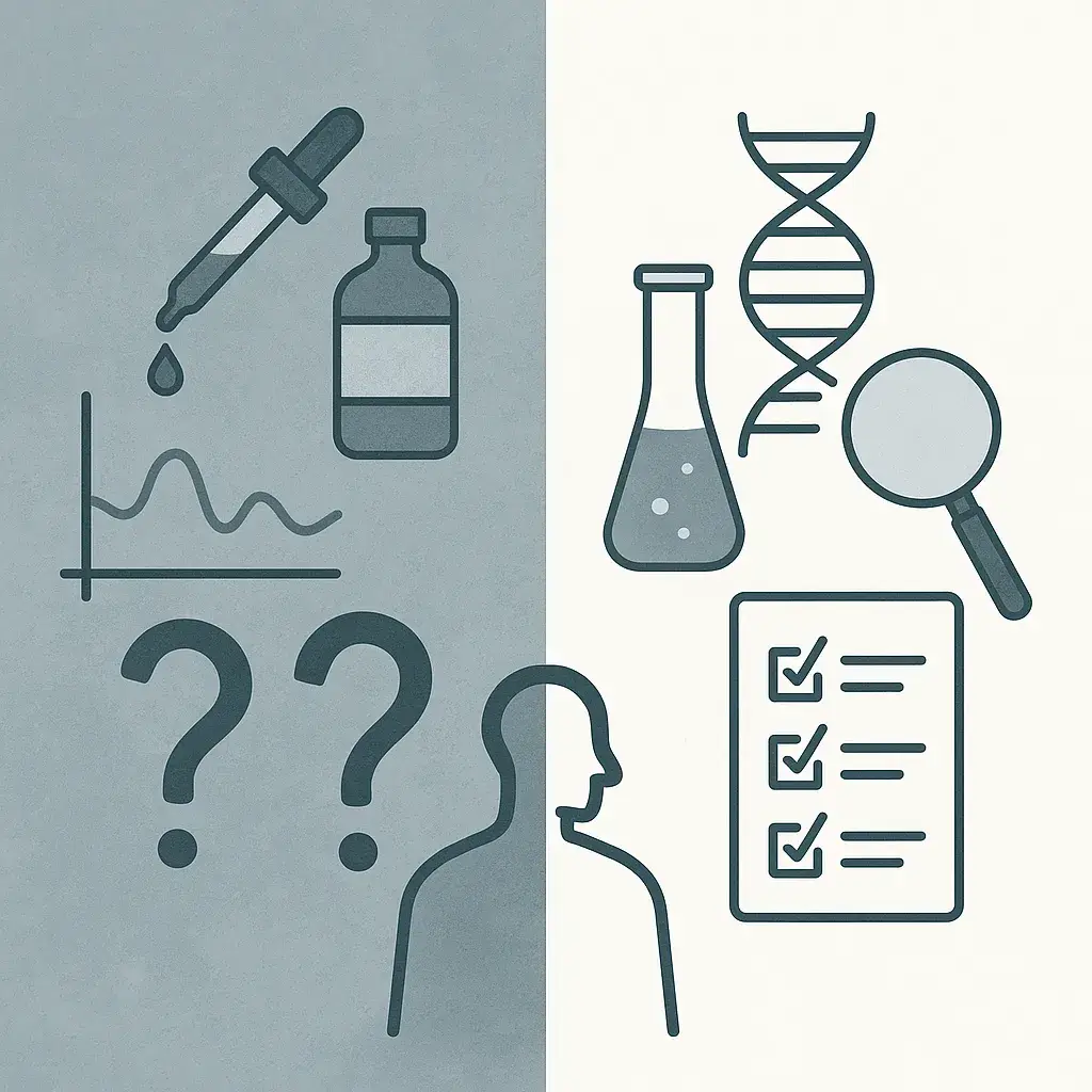 Zweiteilige Symbolgrafik zur Gesundheitsreflexion – unsichere Maßnahmen links, wissenschaftlich fundierte Diagnostik rechts