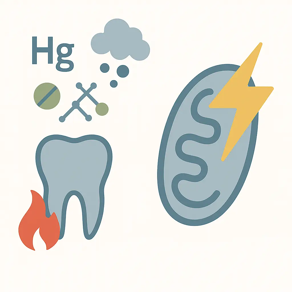 Illustration zu oxidativem Stress durch Umweltgifte mit entzündetem Zahn, Schadstoffsymbolen und einer gesunden Mitochondrienfunktion