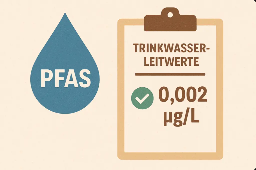 Symbolbild zu Trinkwasserleitwerten für PFAS – Wassertropfen und Messwert auf Klemmbrett