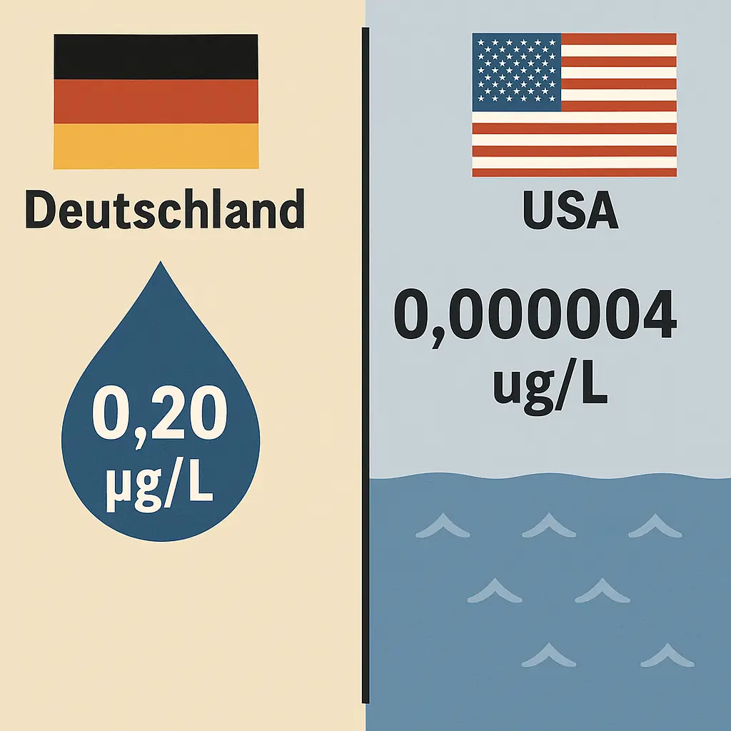 Infografik zu PFAS-Grenzwerten im Trinkwasser – Vergleich Deutschland und USA