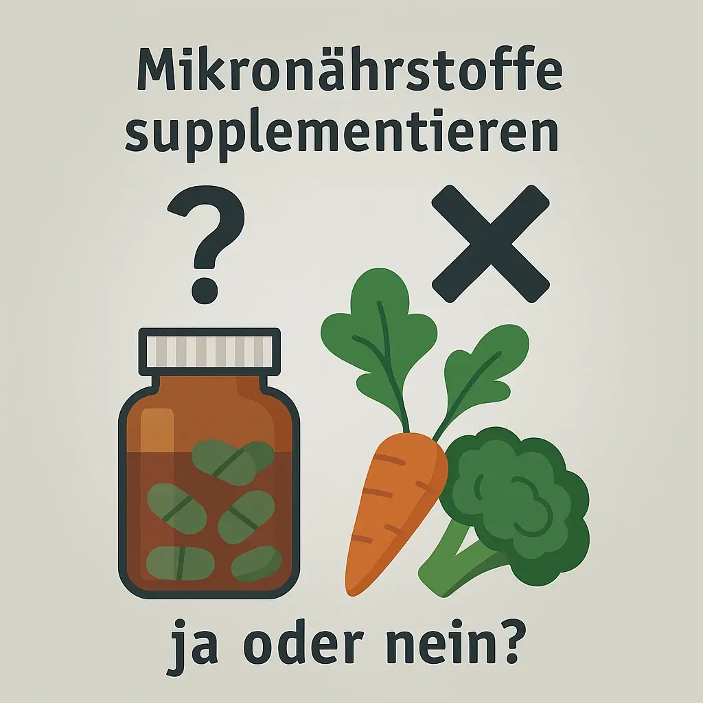 Symbolbild: Mikronährstoffe supplementieren – ja oder nein? Pillenflasche, Gemüse, Fragezeichen und Kreuz