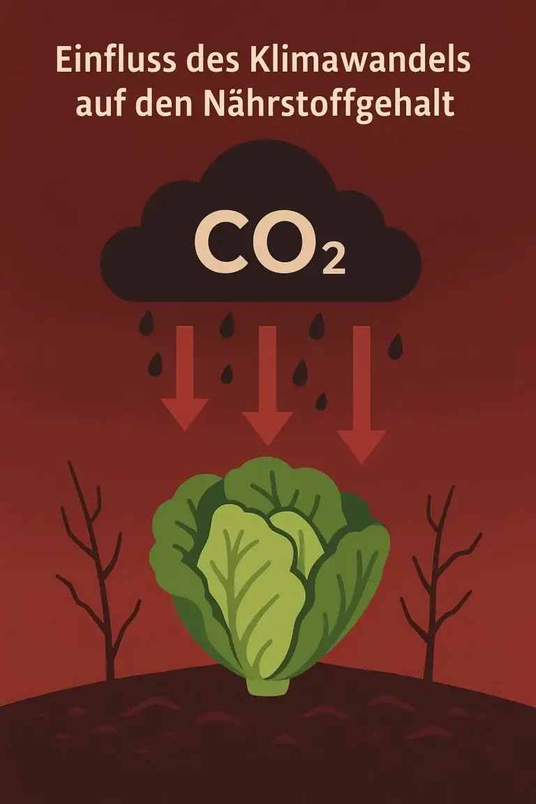 Symbolbild: CO₂-Wolke über Salat mit fallenden Linien – Klimawandel beeinflusst Nährstoffgehalt von Lebensmitteln