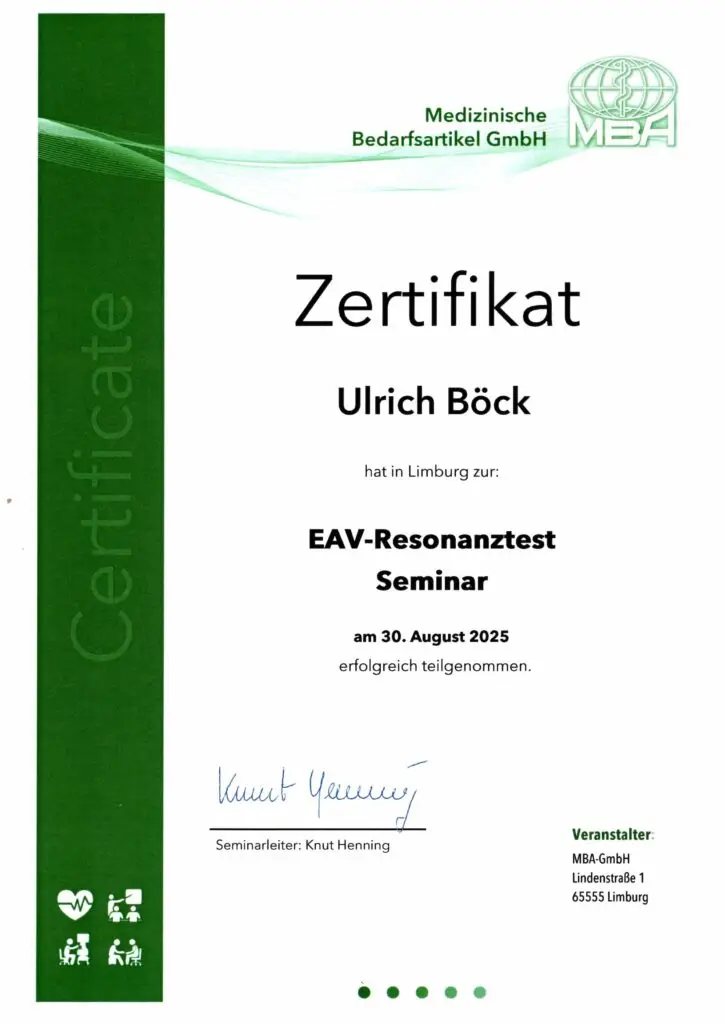 Zertifikat Seminar EAV Resonanztest
