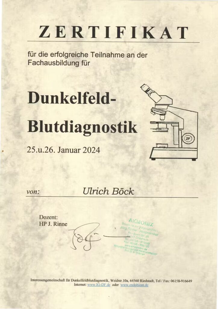 Zertifikat: Fachausbildung Dunkelfeld-Blutdiagnostik