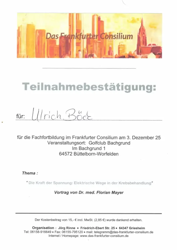 Fachfortbildung Frankfurter Consilium "Elektrische Wege in der Krebsbehandlung"