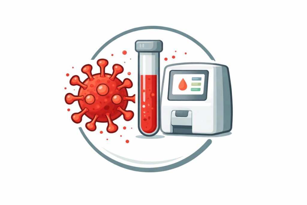 Symbolbild zu Coronavirus und Blutuntersuchung – abstrahierte Virusstruktur und Blutprobe