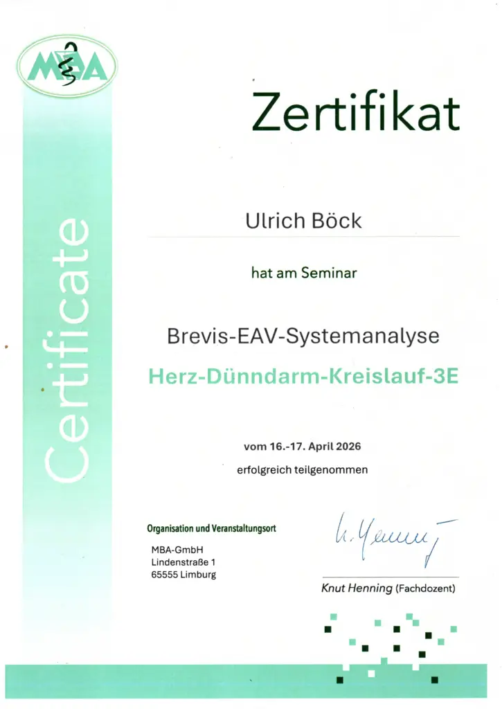Zertifikat EAV BREVIS Systemanalyse Herz-Dünndarm / Kreislauf-Dreifacherwärmer
